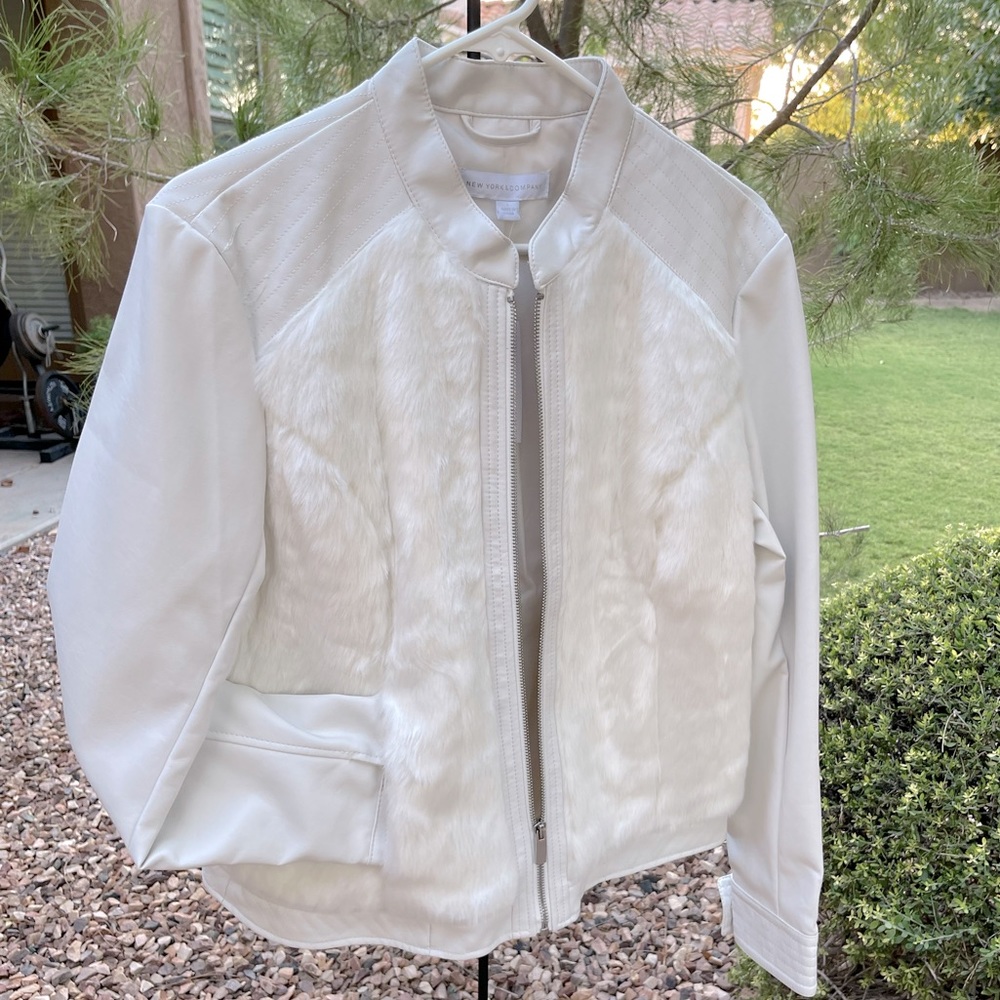 White jacket. Vegan fur. Leather-like. New w/tags.